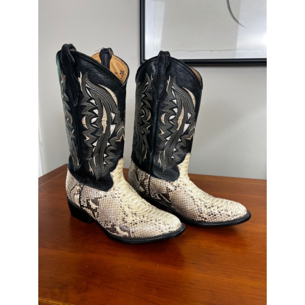 Los Caporales Womens Snakeskin Western Cowboy Boots Black White Size 9 Mexico